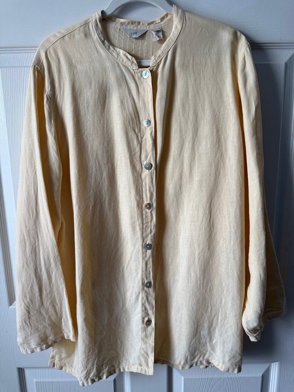 J. Jill Vintage Linen Button Down Butter Yellow Mandarin Collar Size L Coastal
